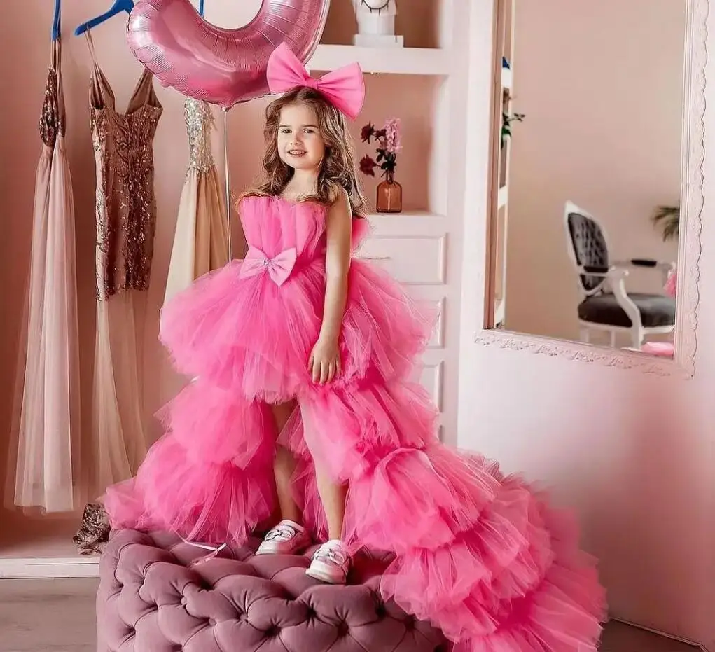 

Luxury High-Low Princess Gown Flower Girl Dress with Long Train Sheer Neck Customized Girls Pageant Party Gown Size 1-14T