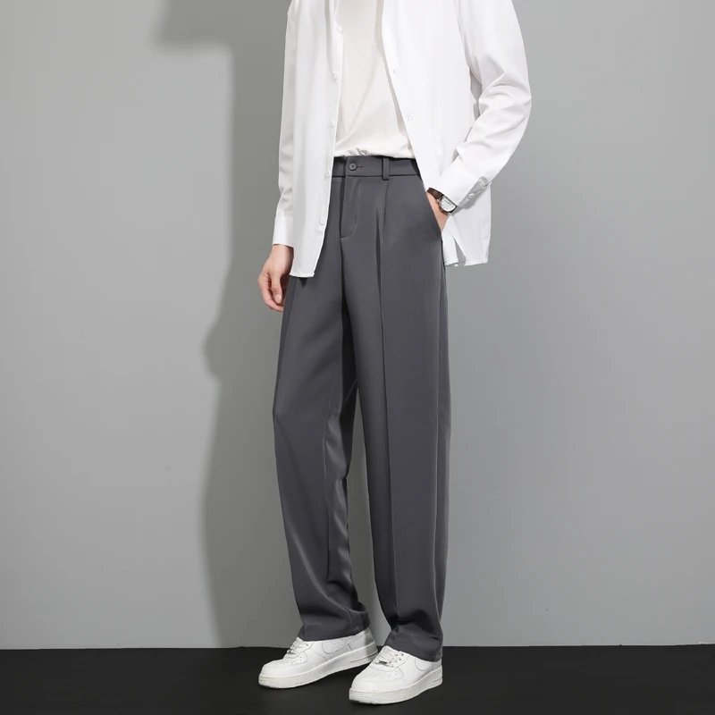 

Spring Autumn Men's High Waist Solid Color Button Zipper Pockets Casual Wide Leg Loose Straight Trousers Fashion Vintage Pants