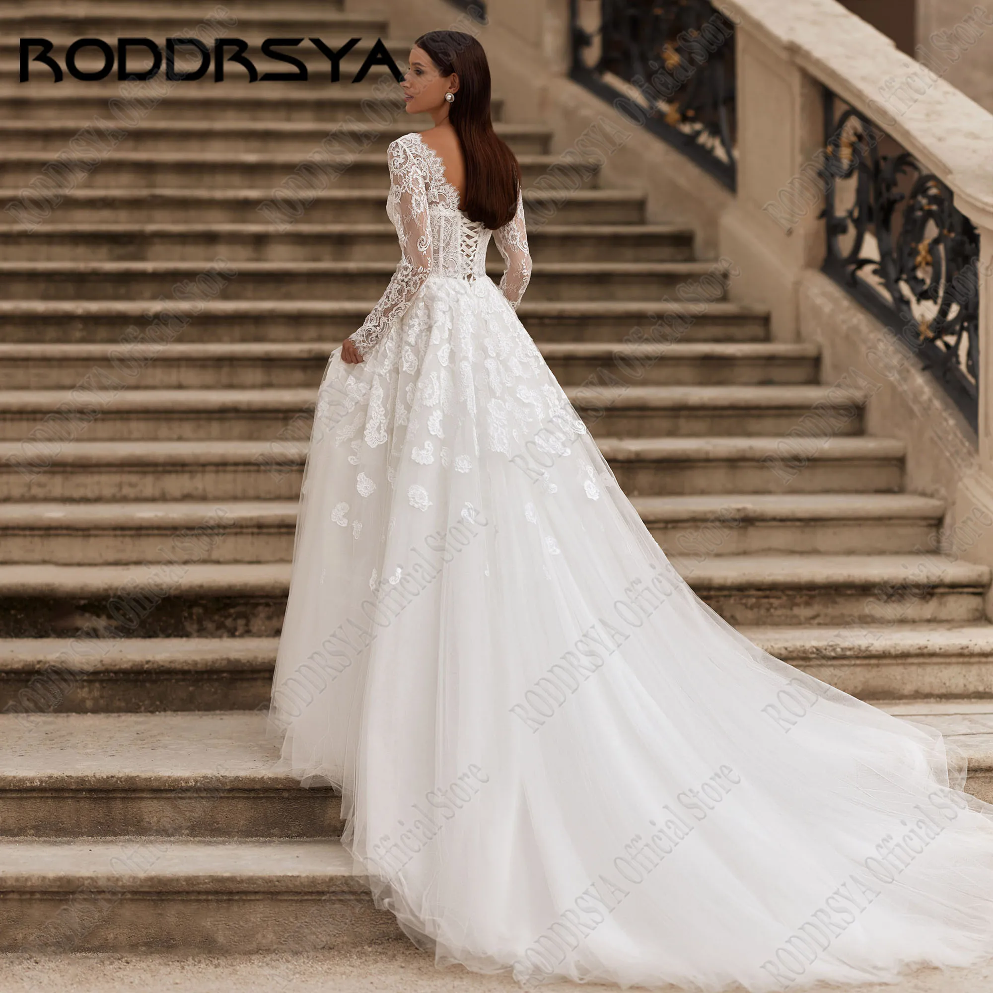 RODDRSY Lace Sweetheart Elegant Wedding Dress Women Applique A-Line Wedding Gowns Long Sleeves Tulle Bride Dresses Customized