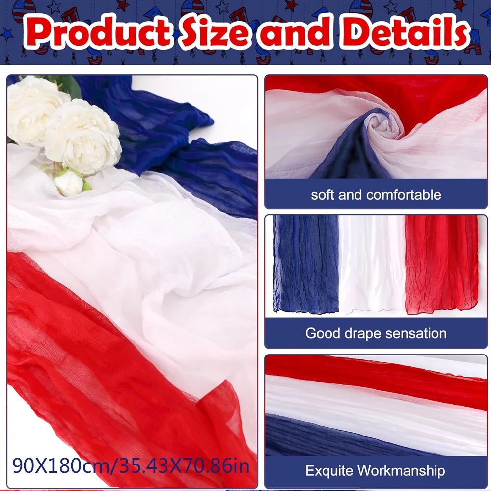 4th of July Patriotic Day Table Runner Red White Blue Table Cloth for 2024 American Independence Day Party Decor Supplies