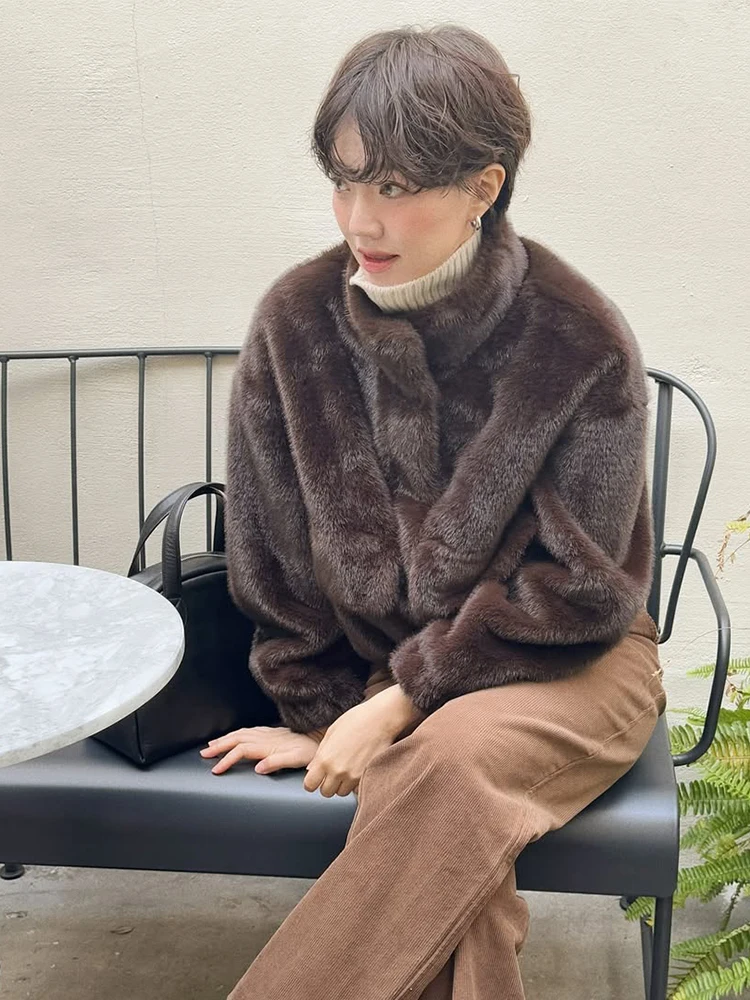 Abrigo de piel con cuello levantado y una hilera de botones para mujer, Chaqueta corta holgada de terciopelo de manga larga con cremallera, tops para mujer