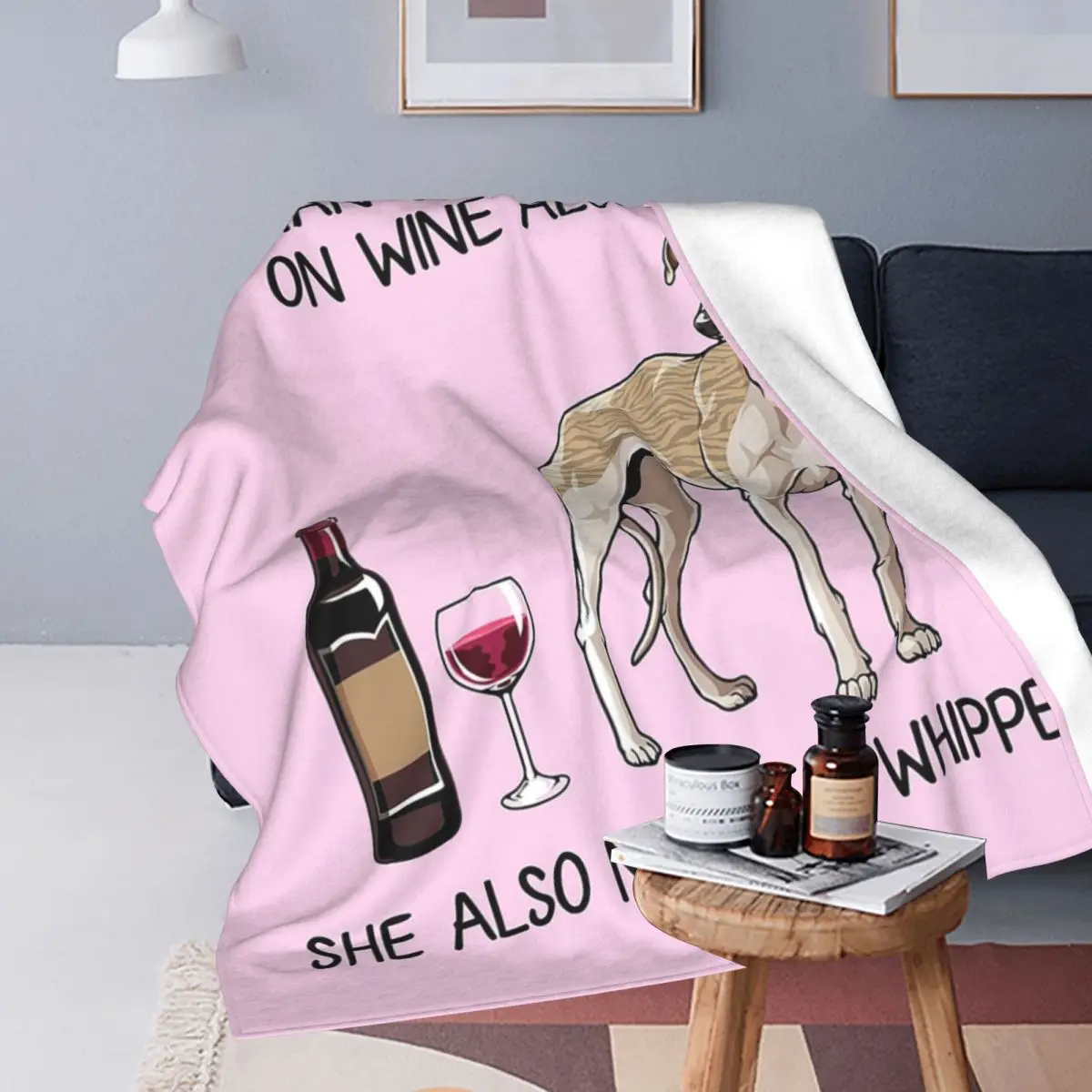 Whippet Dog And Wine Funny Gift For Dog Mom Blankets Soft Warm Flannel Throw Blanket Plush for Bed Travel Home Couch