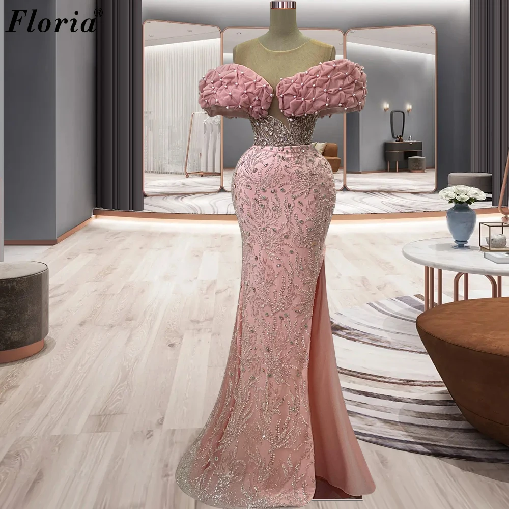 Blush Pink Mermaid Celebrity Dresses Off Shoulder Elegant Crystals Evening Gowns With Side Slit Vestidos De Noche Prom Dresses