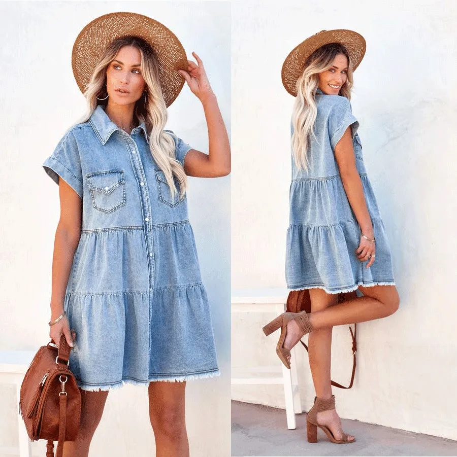 

Summer Spring Women's Clothing Short Sleeve Denim Shirt Dress For Woman Casual Loose Fit Collar Cotton Mid Length Style