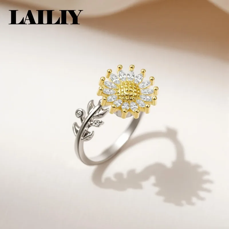 LAILIY925 Sterling Silver Gift with Micro set Diamonds Two tone Rotating Sunflower Adjustable Ring for Men Women Fashion Jewelry