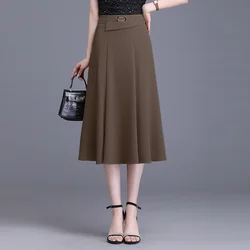 Vintage Fashion New Women Skirts Summer Ice Silk Solid Pockets Simplicity Office Lady High Waist Mid-length A-line Pleated Skirt