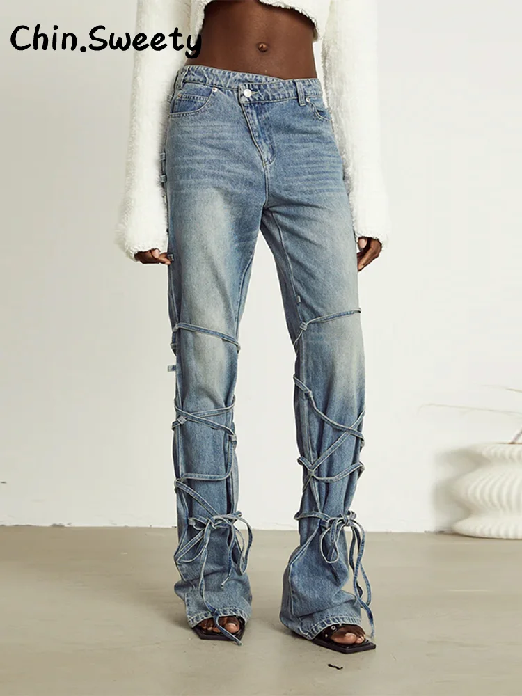 

Fashion Bandage Denim Trouser Women Low Waist Lace Up Poackets Zipper Slim Straight Jeans 2025 Summer Lady Chic Street Pants New