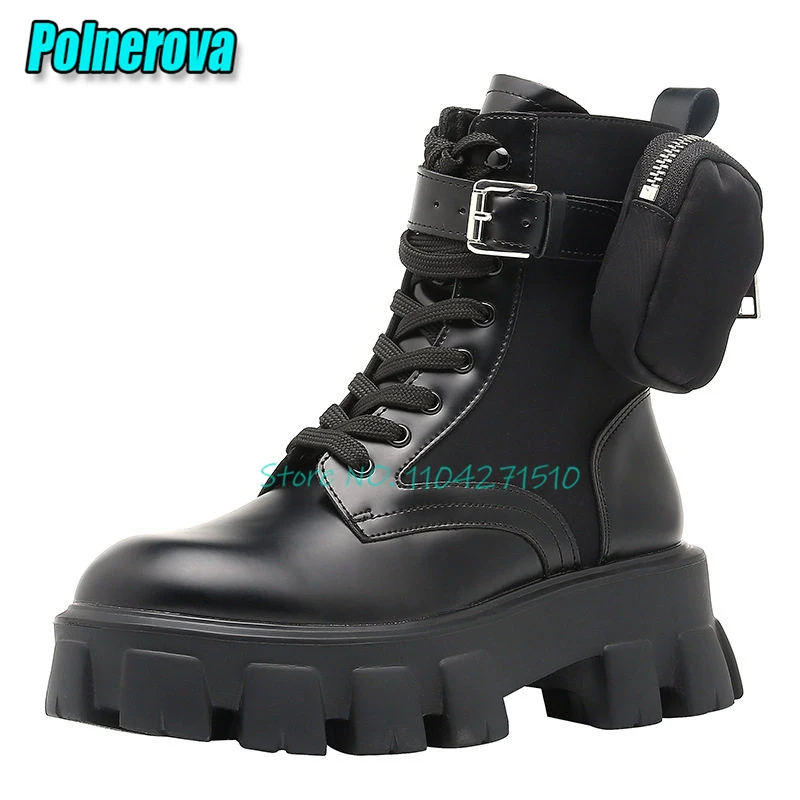 Fashion Pocket Strap Thick Soled Motorcycle Boots for Women Round Toe Platform Lace-Up Short Boots Spring Autumn Female Shoes