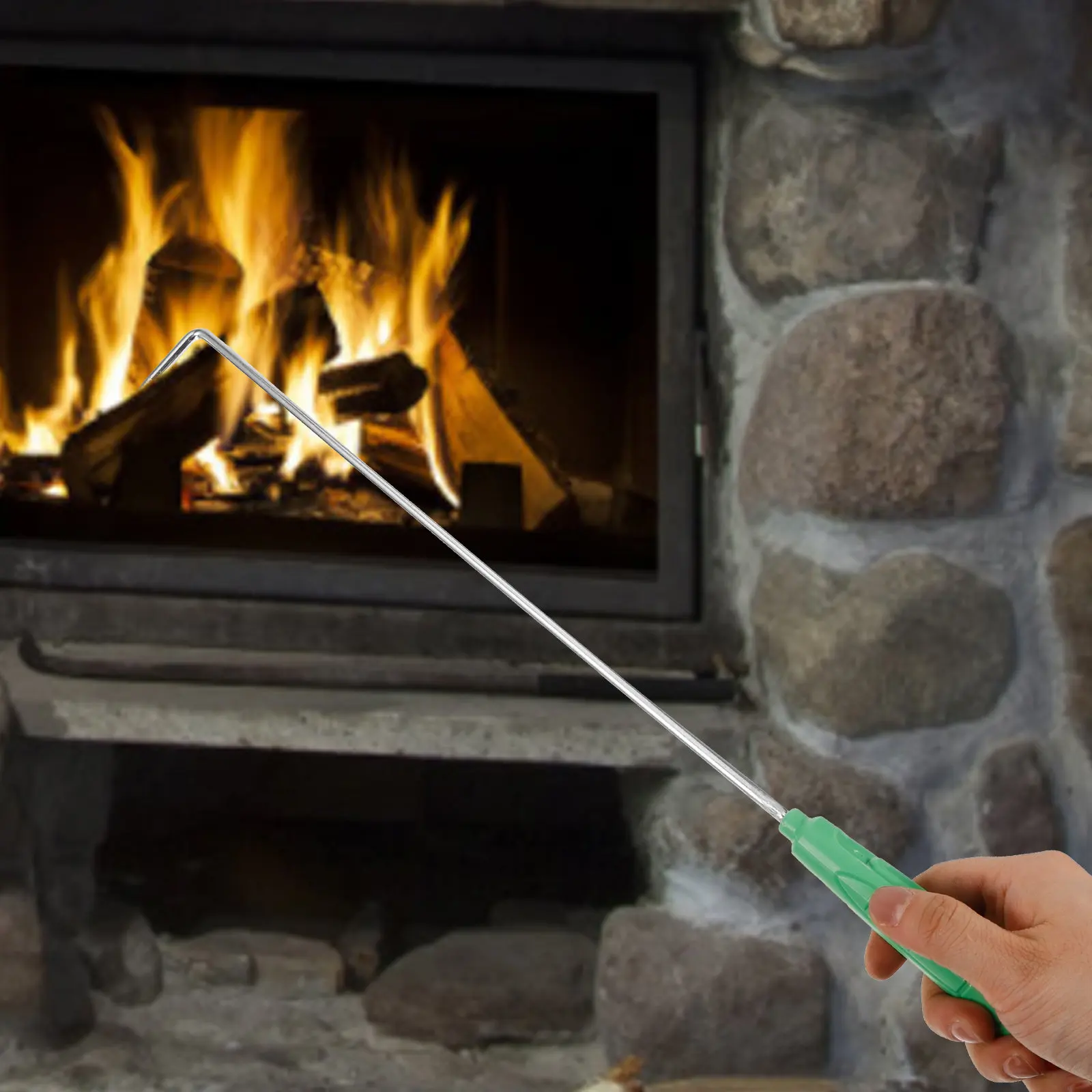 Fireplace fire poker for home owners to protect hands from heating with plastic and stainless steel handle 43cm