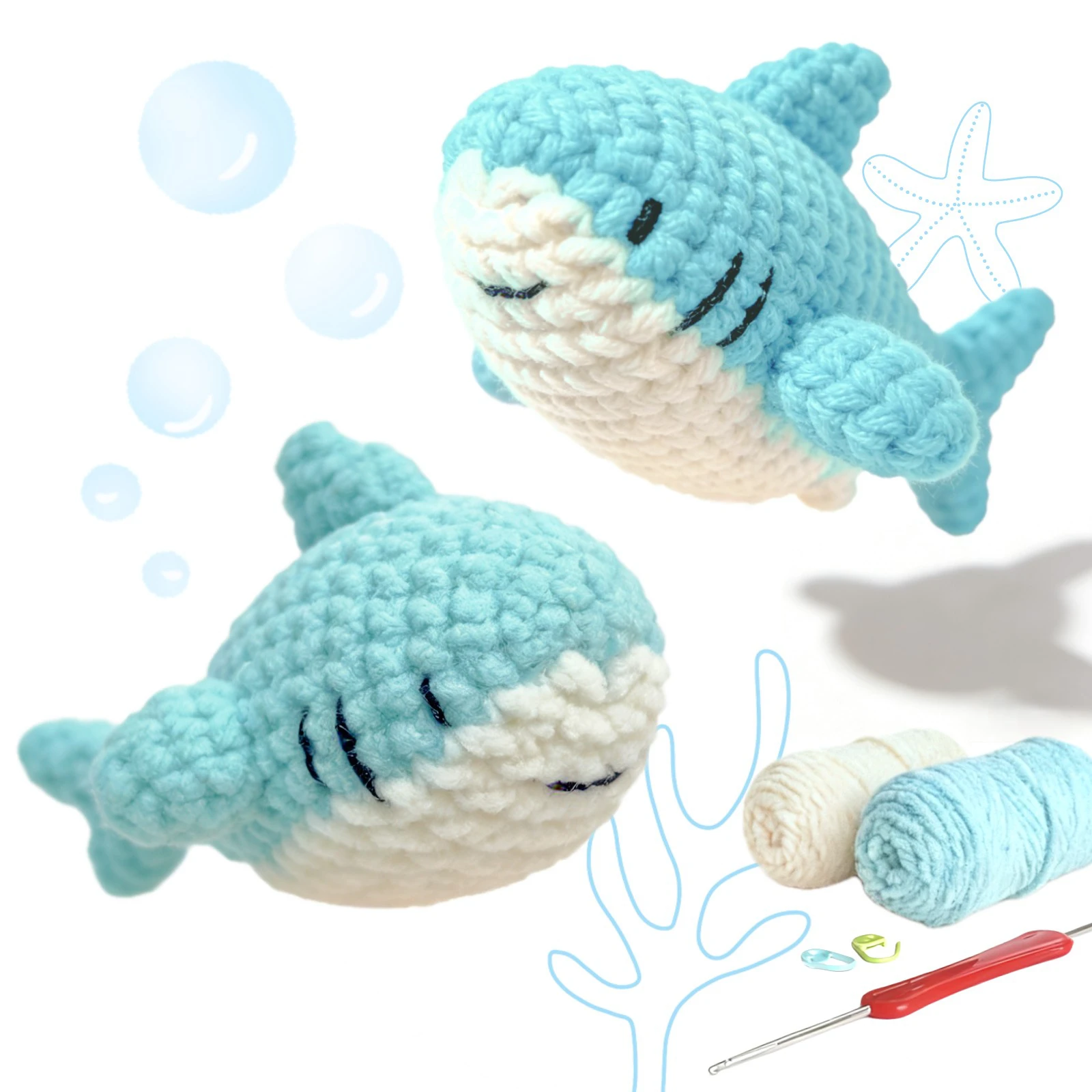 AMAXIN 2pcs Mini Shark Crochet Kit for Beginners Cute Amigurumi Starter Set with Yarn and Video Tutorial