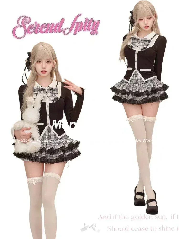 Gothic Y2k Vintage Preppy Style 2 Piece Set Women Sweet Bow Knitted Cardigan Ruffles Plaid Mini Skirt Fashion Lolita Outfits New