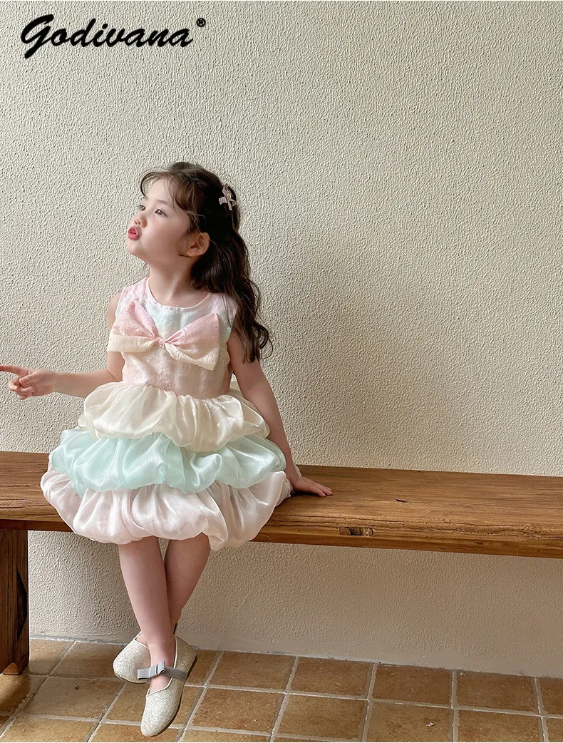 Cute Baby Girls Sleeveless Elegant Gradient Color Cake Dress Summer 2026 New Kids Bow O-neck High Waist Loose Princess Dresses
