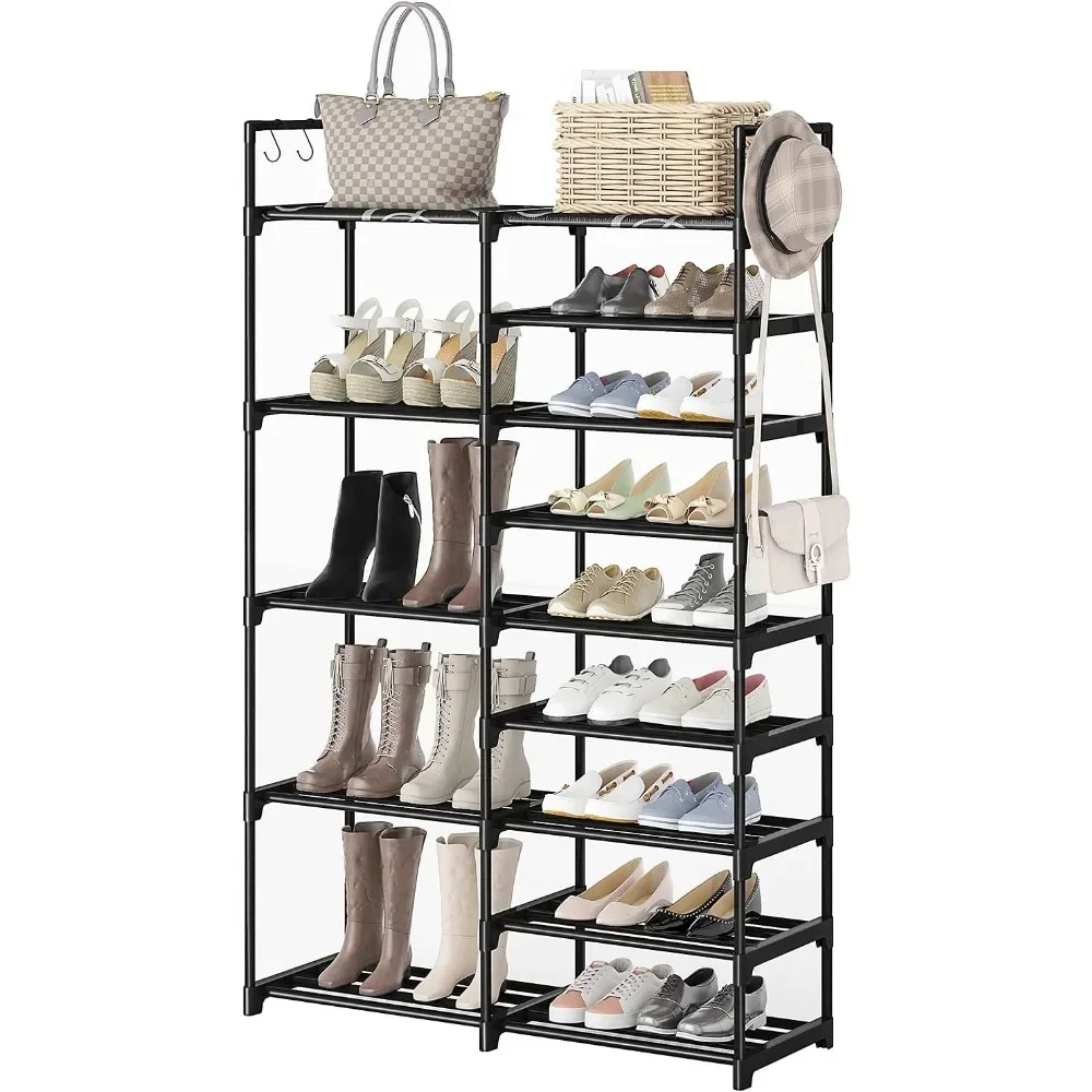 9 Tiers Black Shoe Rack Shoes Storage Shoes Organizer 30-35 Pairs Shoe Tower Unit Shelf with Metal Pipes Plastic Connector