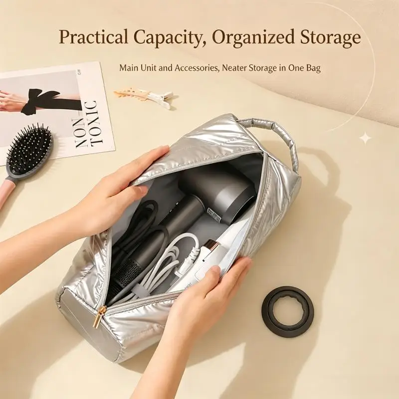 Quilted Hair Dryer Storage Bag Curling Iron Organizer Portable Travel Tools Pouch With Handle Water Resistant Multi-function