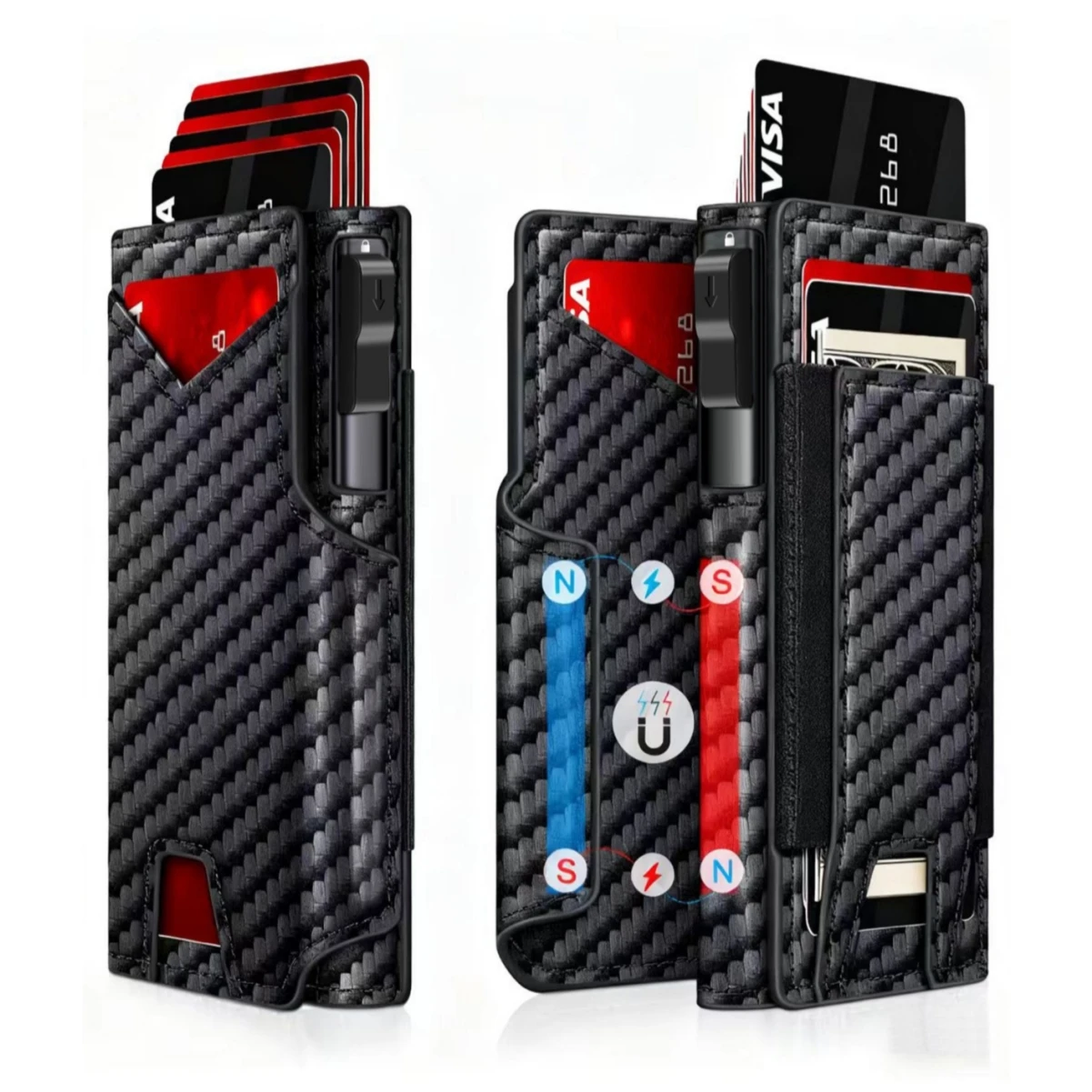 Men's Black PU Leather Wallet Slim Bifold Magnetic Closure RFID Blocking Wallet with Pop Up Metal Card Holder with Cash Strap