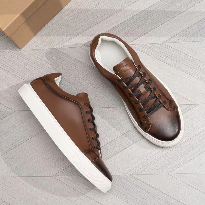 Mrxmus 2024 New Summer Flat Lace Up Casual Shoes Brown Leather Soft Surface Men Casual Sports Shoes Simple All-match Basic Shoes