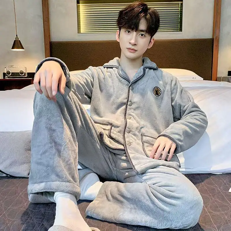 

Mans Winter Clothing Pajamas Men Clothing Flannel Autumn Y2K Sportswear Youth Casual Wear Bath Clothes 2Pcs/set Homewear Thicken