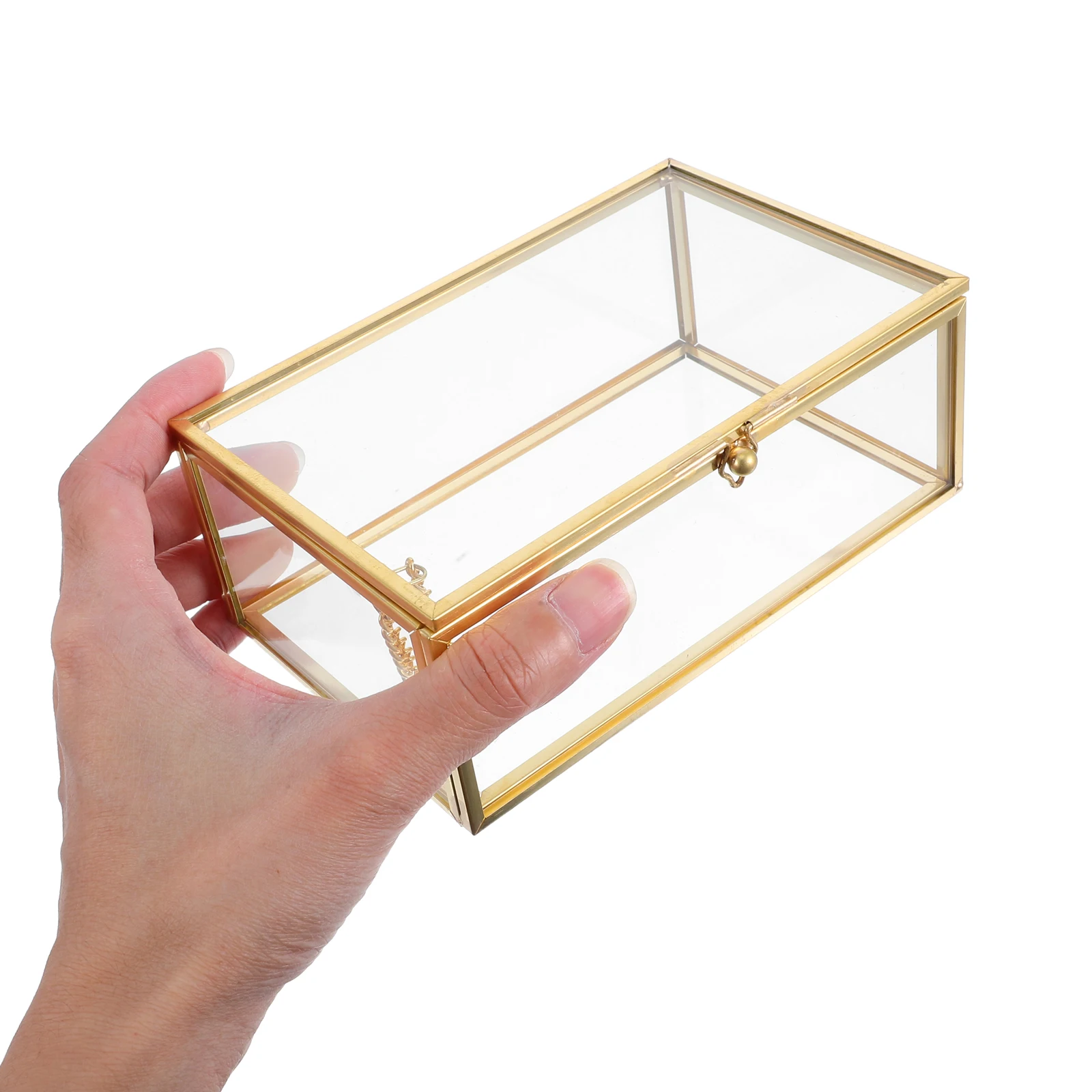 

Luxurious Brass Framed Glass Jewelry Box Transparent Rectangular Storage Organizer for Vanity Dresser Display Keepsake Box