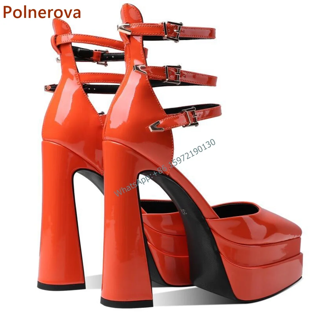 Platform Solid Patent Leather Sandals Pointy Toe Chunky Heel Buckle Strap Ankle Band Shoes Ladies Sexy Summer Party Shoes