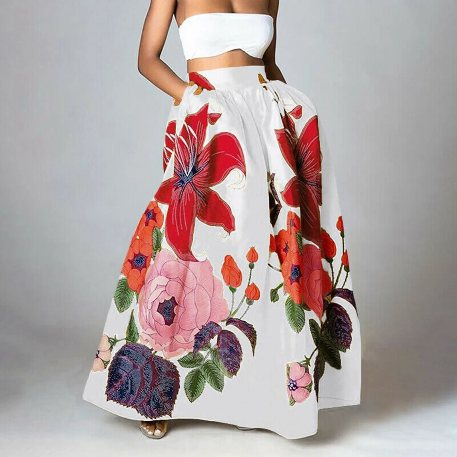 Fashion Big Flower Printed Women Skirts Elegant High Waist A Line Long Maxi Skirt 2024 Casual Loose Party Holiday Half Skirt