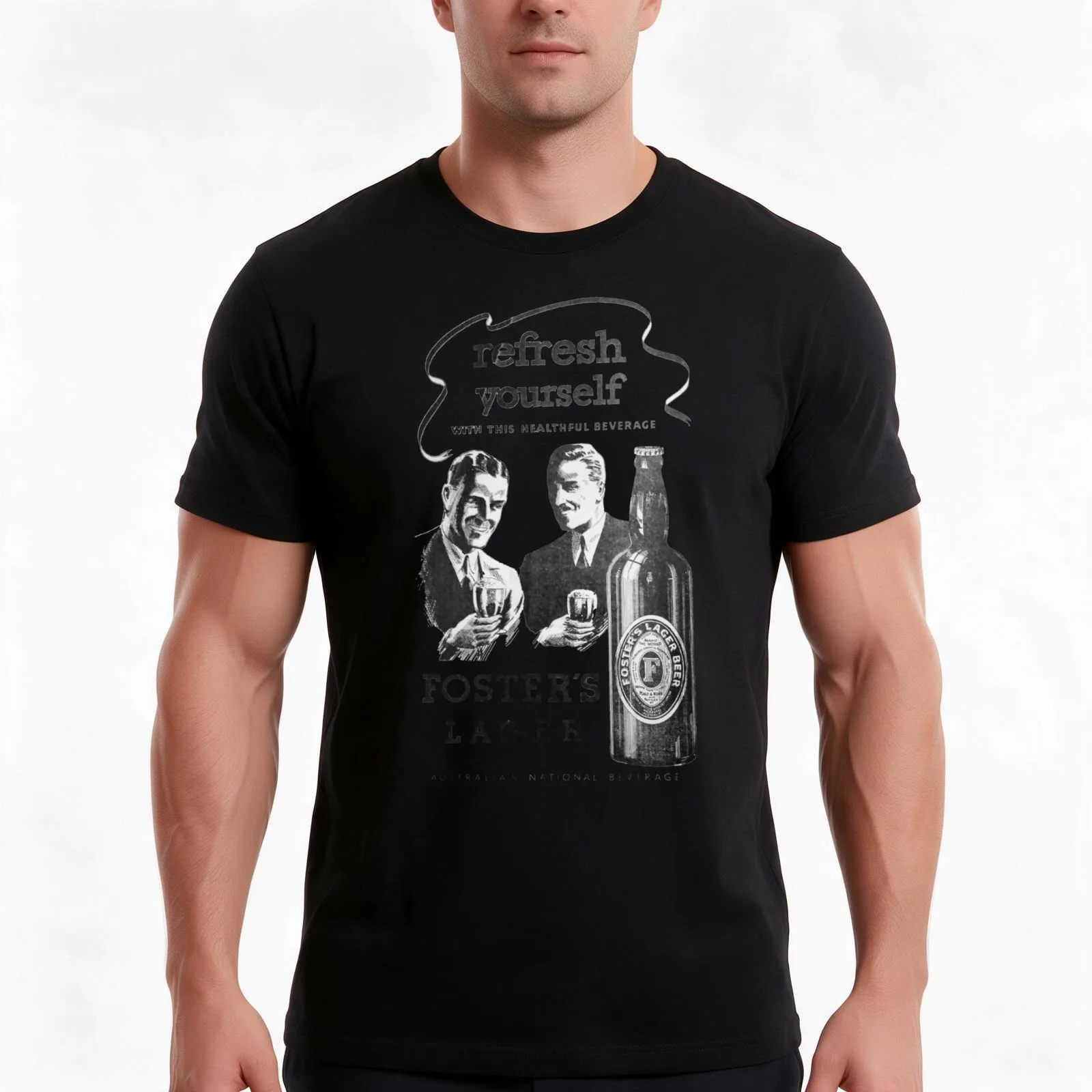 FOSTERS T-Shirt, Summer Casual Cotton Tee, Oversized Streetwear Tops, Vintage Graphic Print, Loose Fit Short Sleeve, 100% Cotton