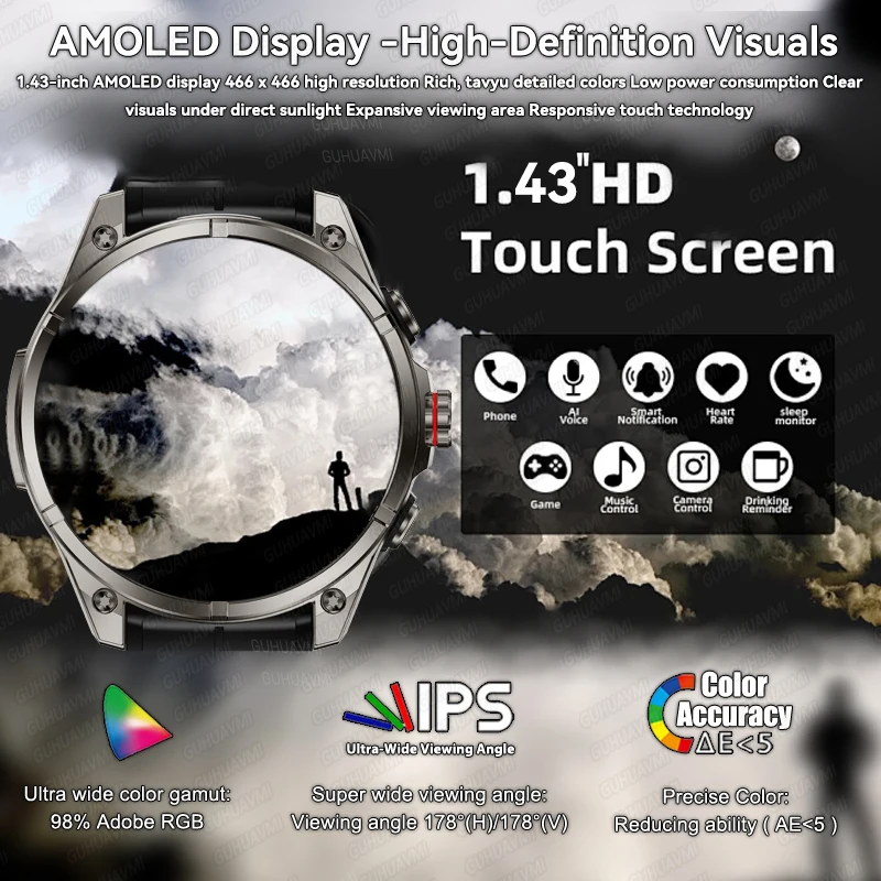 2026 GPS Smartwatch Outdoor Sports Waterproof Flashlight 1.43inch AMOLED Custom dial Call Compass Smart Watches For Android IOS