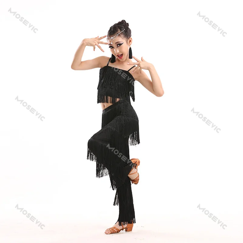 Trajes de dança latina infantis, vestido com franja, calças borla, salsa e samba com lantejoulas, roupas infantis de salão de baile plus size