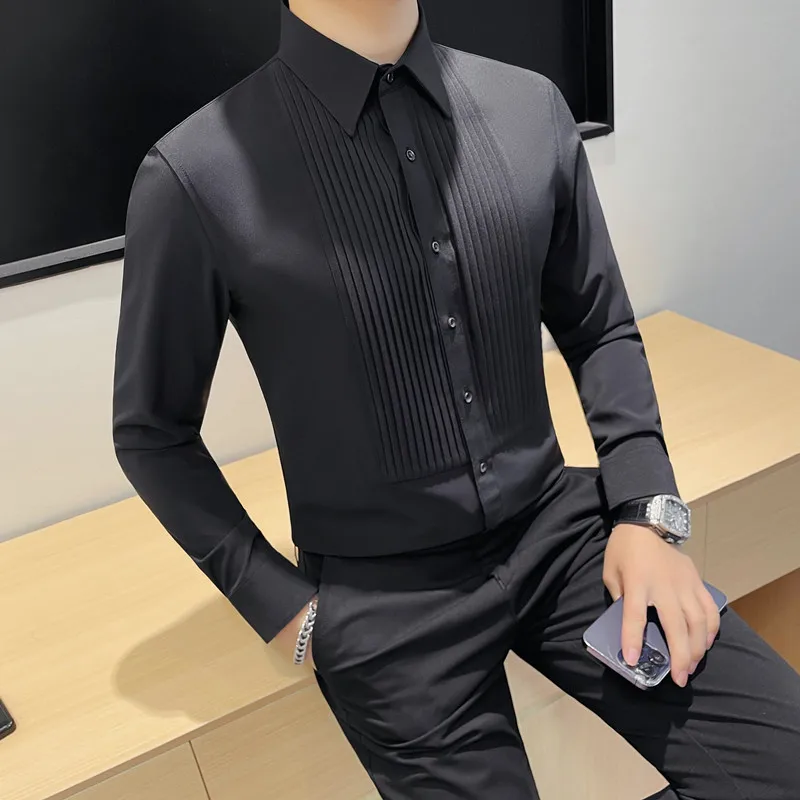 Wedding Long Sleeve Shirt Groom Man New Solid Color Pleated Design All Match Business Casual Shirt Men's Dress Shirts 2025 Top