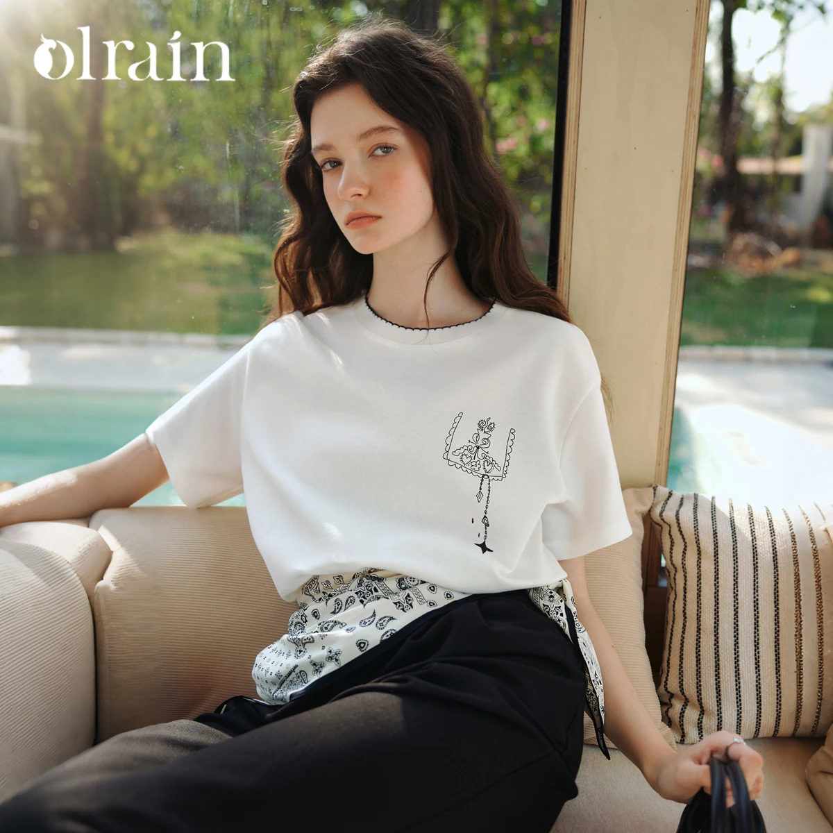 OLrain Hand-painted Print Women's Casual Top 2026 Summer Scalloped Contrast Crew Neck Loose Cotton Short Sleeve Tee O58XT005685