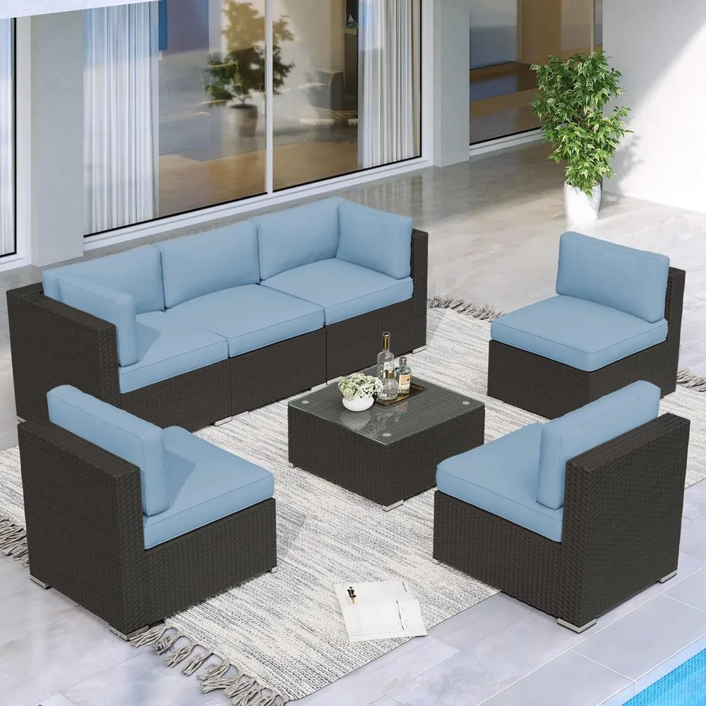 

7-piece Outdoor Modular Sofa Terrace Furniture, All-weather PE Rattan Terrace Furniture, with Washable Cushions and Glass Table