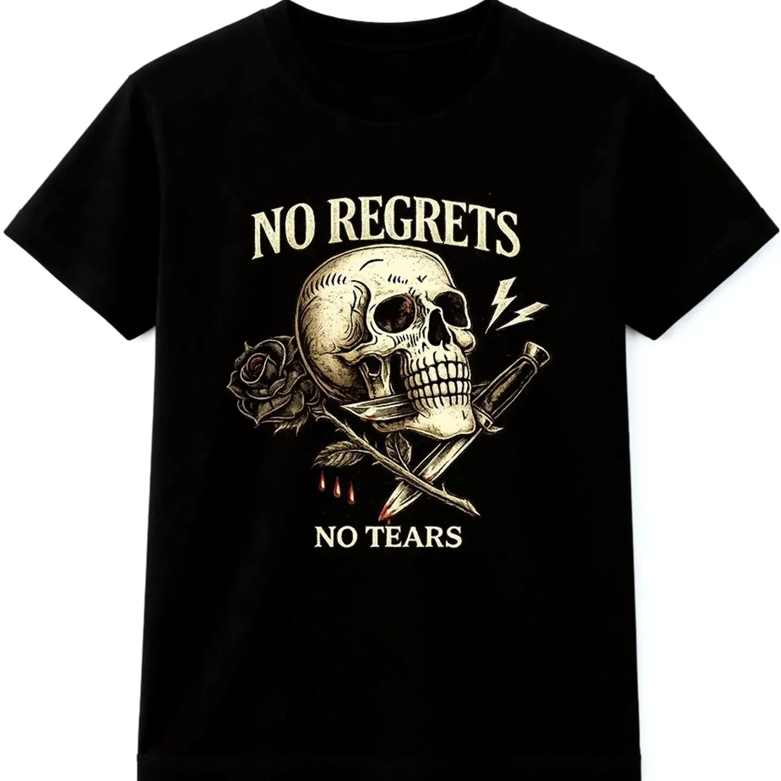 Skull T Shirt No Regrets Tears Biker Gothic Vintage  vintage Washed Unisex Soft graphic Versatile Comfortable streetwear