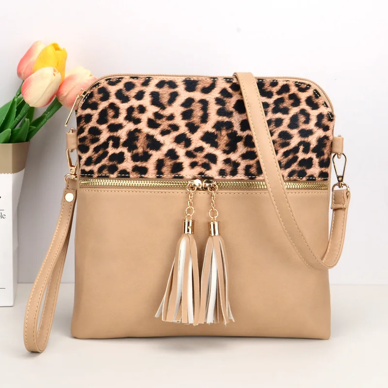 Casual Leopard Pattern Crossbody Bags For Women, Vintage Style Double Tassel Shoulder Bag For Daily Used Gift