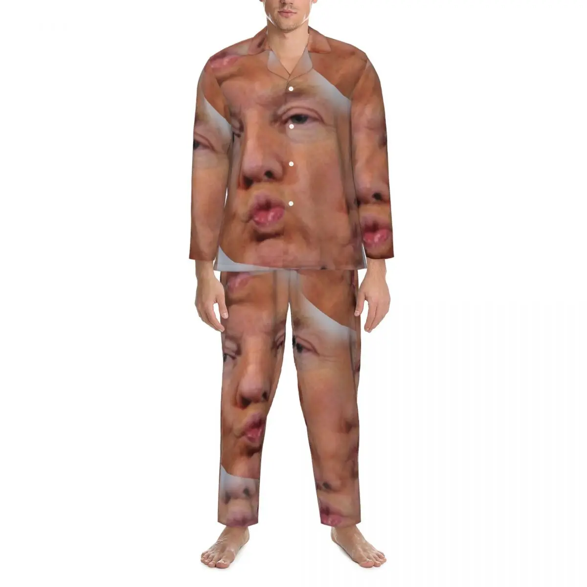 Funny Trump Kiss Face Sleepwear Autumn Aesthetic Oversized Pajama Sets Men Long Sleeve Soft Daily Graphic Nightwear