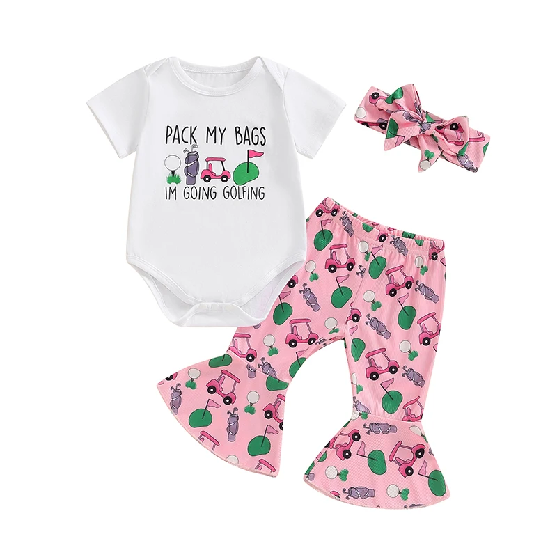 

Baby Girls Summer Outfit Short Sleeve Letters Print Romper with Golf Cart Print Flare Pants and Headband