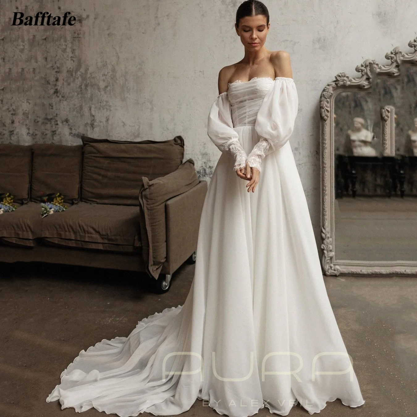 

Bafftafe A Line Chiffon Wedding Dresses Detachable Lace Long Sleeves Corset Back Bride Wedding Party Formal Bridal Gowns 2024