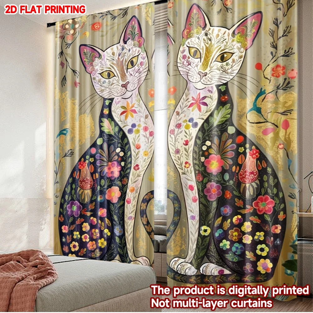 2D-Flachdruck, 2 Stück Vorhänge, Vorhänge mit Blumen- und Katzendesign, digital bedruckte Polyester-Vorhänge, Feiertagsdekorationen, Verwendung für Zuhause