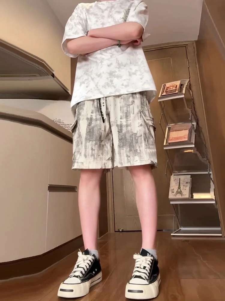 

Мужские летние уличные брюки-капри из американского окрашенного шелка с вышивкой, с высокой талией, быстросохнущие, повседневные, для работы, из ледяного шелка