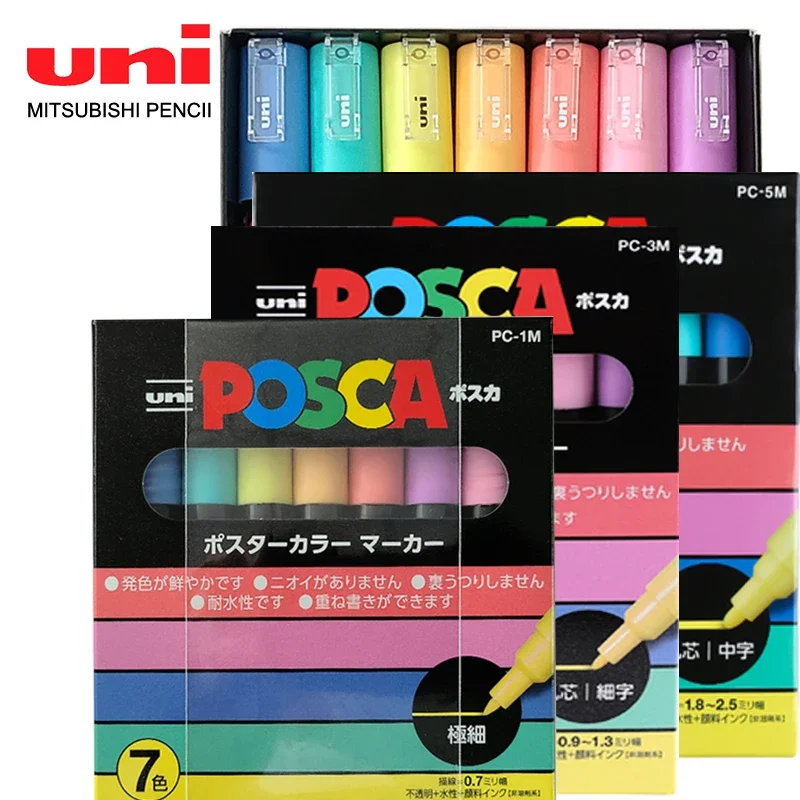 

Японский маркер UNI POSCA, 7 цветов, комбинированная поп-ручка для рисования, заполнение, выделенный постер, рекламная ручка, фотография/3 м/5 м, канцелярские принадлежности