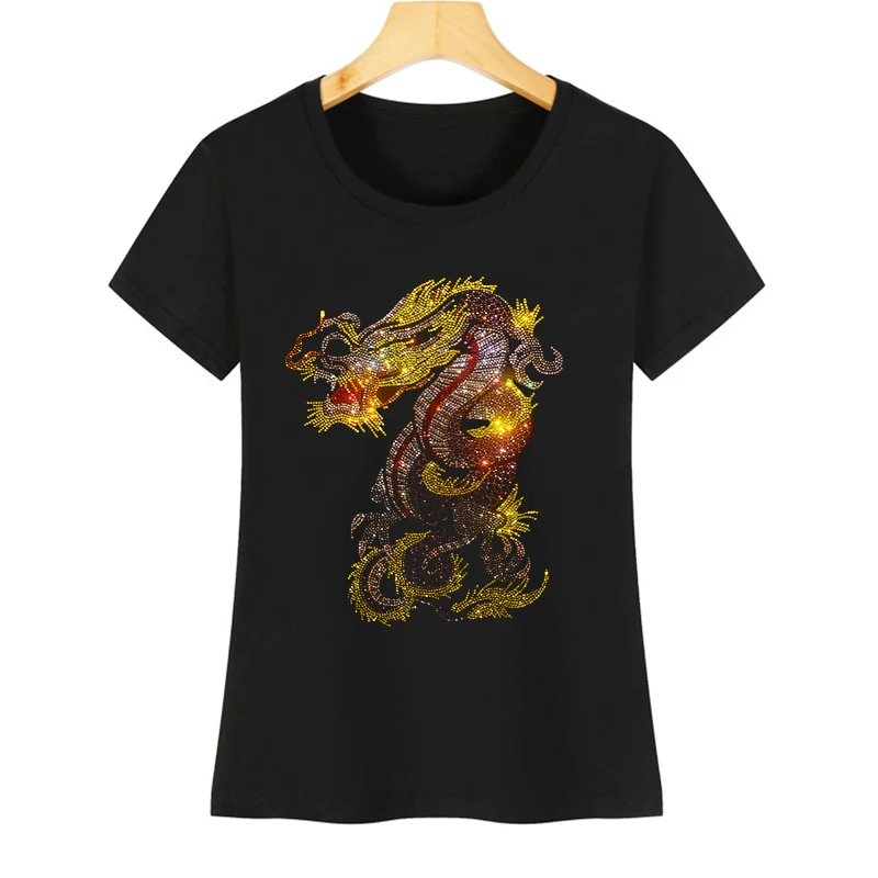 Popular high-quality diamond drawings women's short-sleeved casual T-shirts loose new flash diamond dragon pattern T-shirts