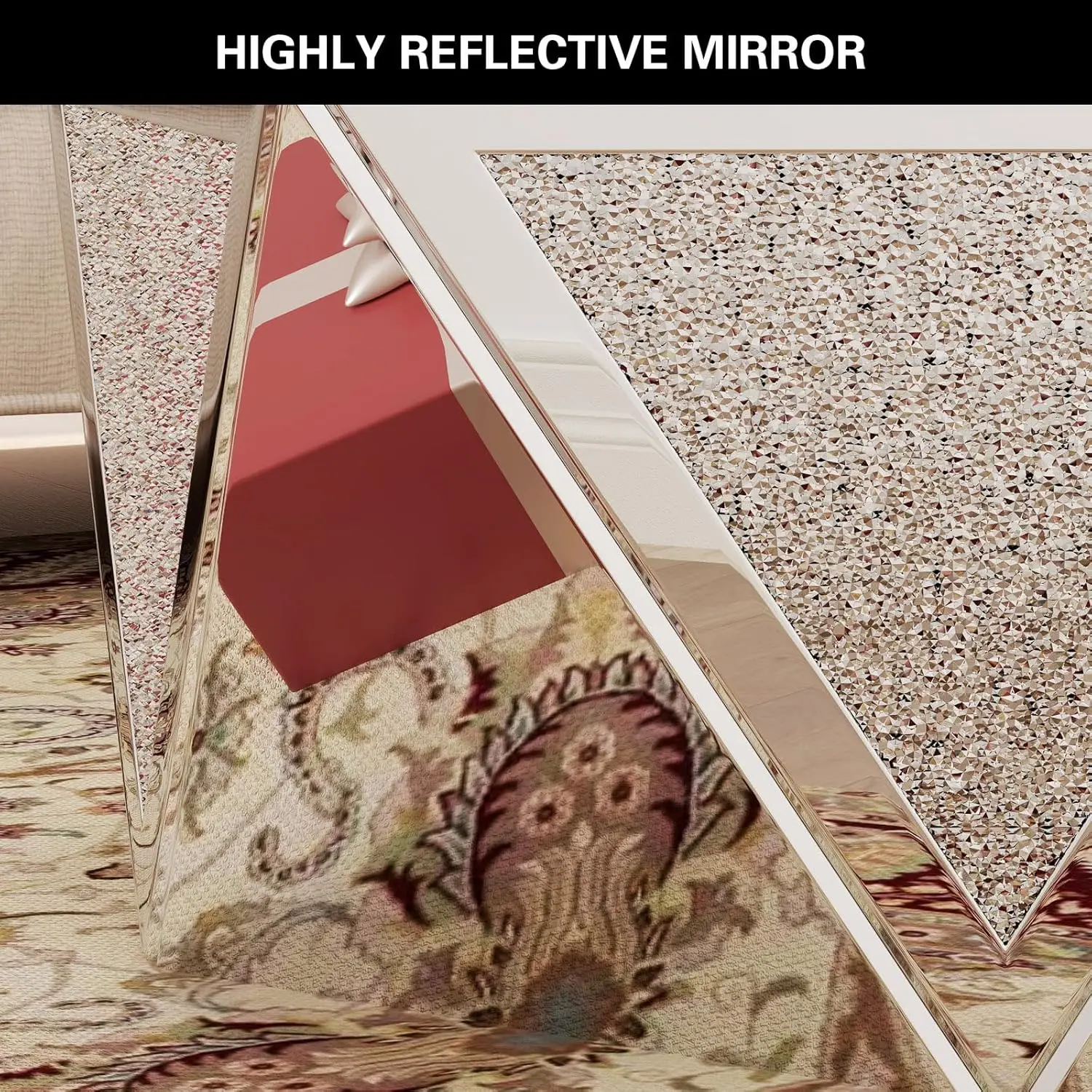 Silver Coffee Tables For Living Room With Crushed Diamond Inlay, Mirrored Pentagonal Coffee Table With Luxury Mirror Surface