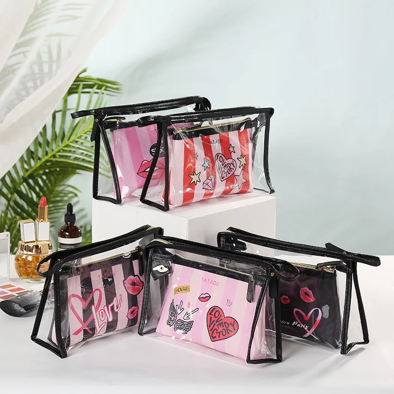 2PCS Set Of Cosmetics Bags Korean Pvc Transparent Cosmetic Bag Woman Toiletries Storage Handbags Printed Makeup Organizer Bag