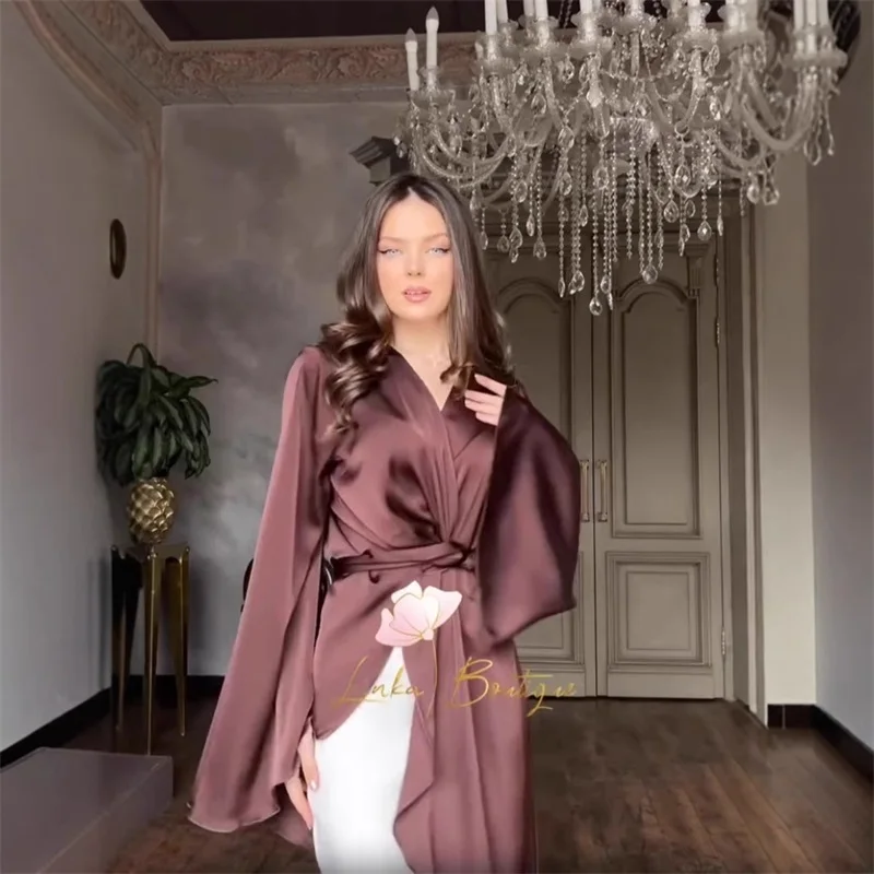 Bruin satijnen galajurk 2-delig blazer + rok damespak rok set volledige mouw lange gewaden formele optocht feest bruiloft avondjurk