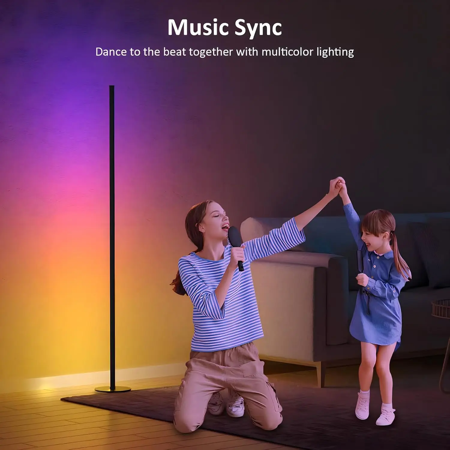 Luminária de Canto em Pacote com 2 Peças, Luz LED de 55 polegadas com Controle Remoto e Sincronização Musical, 16 Cores para Sala de Estar