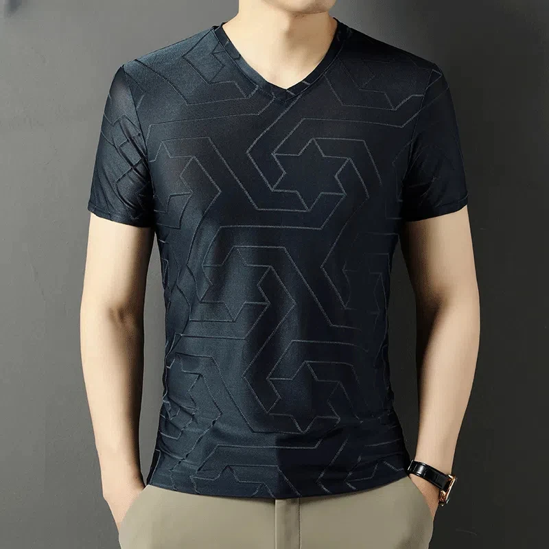 Preppy Style Men\'s Clothing Summer Pullover Short Sleeve Round Neck Geometric Printing T-shirt Casual Comfortable Trendy Tops