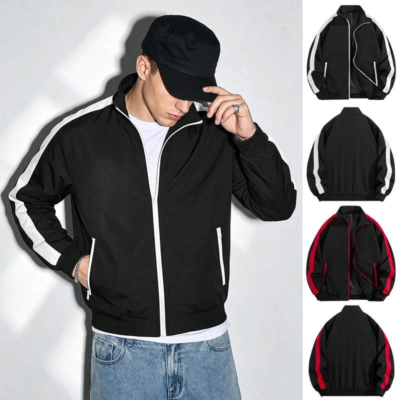 Men's Color Block Full Zip Stand Collar Bomber Coat Athletic Casual Running Workout Track Jacket with Zipper Pockets Outwear Top
