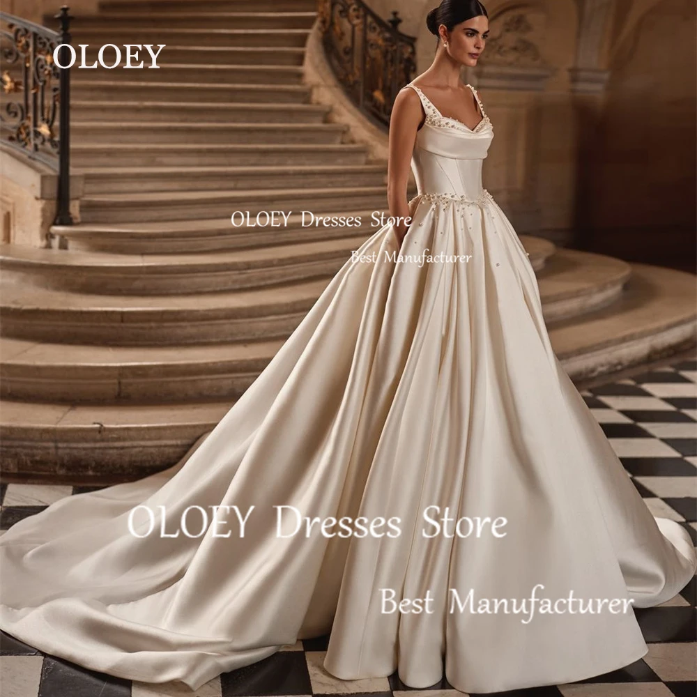 

OLOEY Luxury Ivory A Line Wedding Dress Pleats Silky Taffeta Pearls Bridal Gown Sleeveless Sweetheart Floor Length Sweep Train