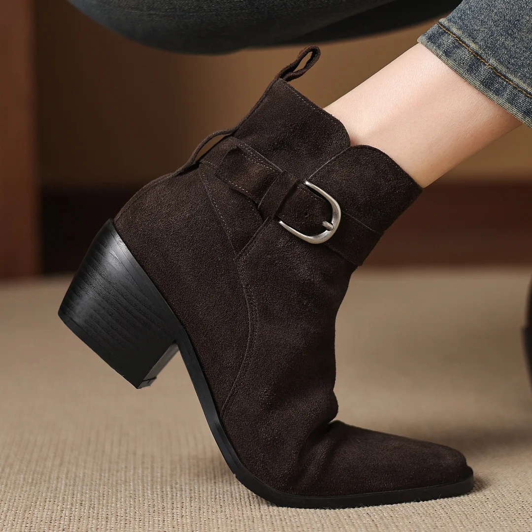 المرأة جلد الغزال الطبيعي ساحة تو مشبك معدني الجانب البريدي الخريف حذاء من الجلد 5.5 سنتيمتر سميكة ميد كعب الجوارب القصيرة عادية #1