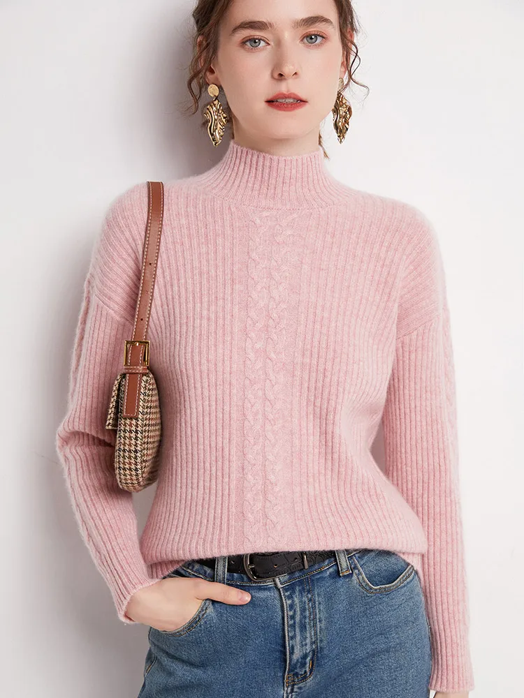 

Addonee High Quality Women Winter Cashmere Sweater Mock Neck Thick Pullover 100% Meino Wool Knitwear Cable Knitting Warm Tops