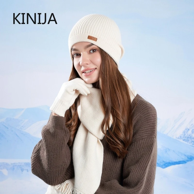 3 Pcs Sets Winter Women Plush Knitted Cold Hat Warm Woolen Head Cap Scarf Gloves Hats Outdoor Ear Windproof Beanies Cap