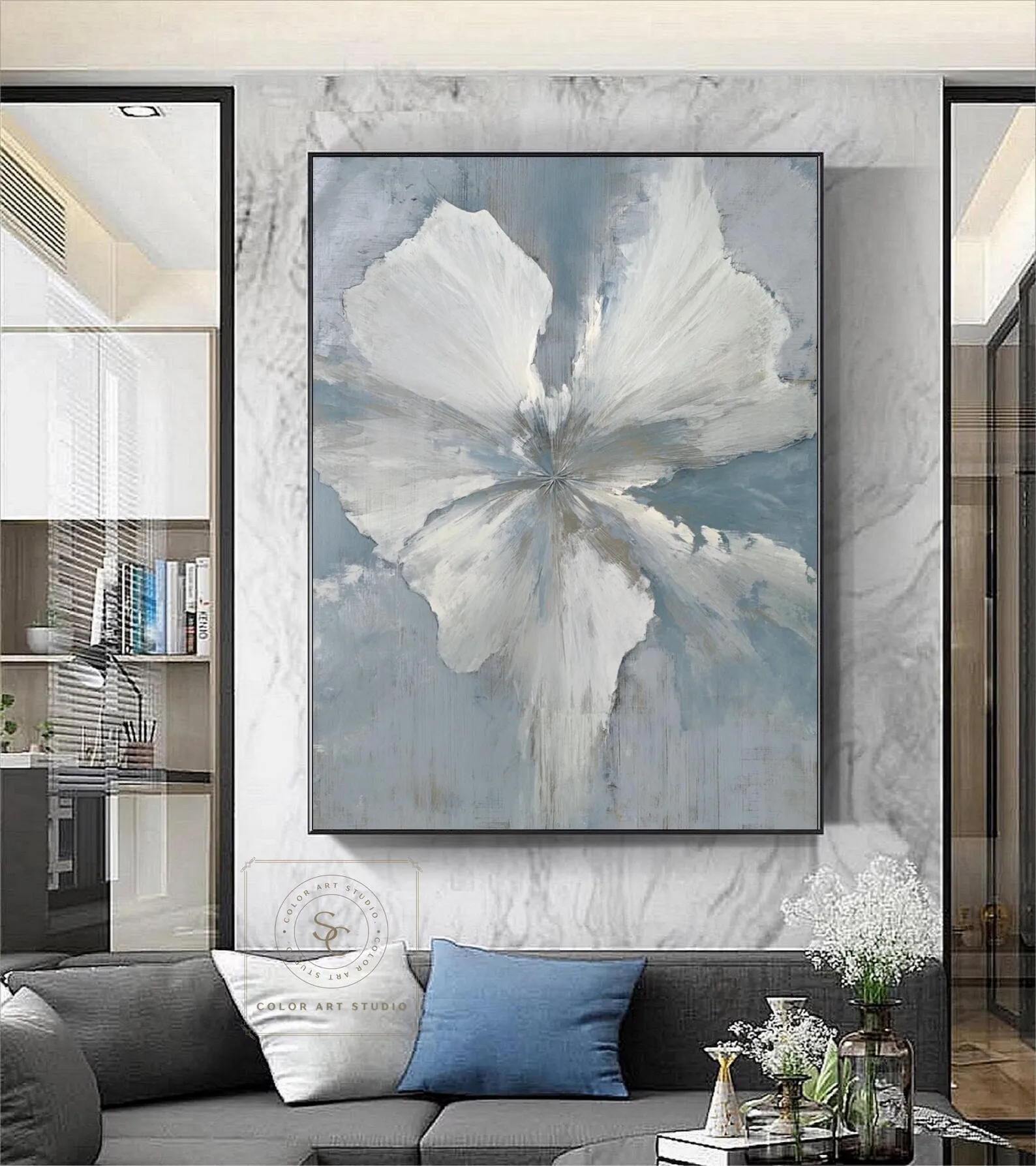 

Mhemyo Large Flower Abstract Blue White Textured Painting Minimalist Petal Wall Art Modern Hand-painted Canvas For Living Decor